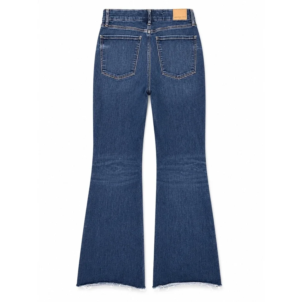 American Eagle Curvy Super High-Rise Flare Jeans Dark Wash Raw Hem Womens Size 6
